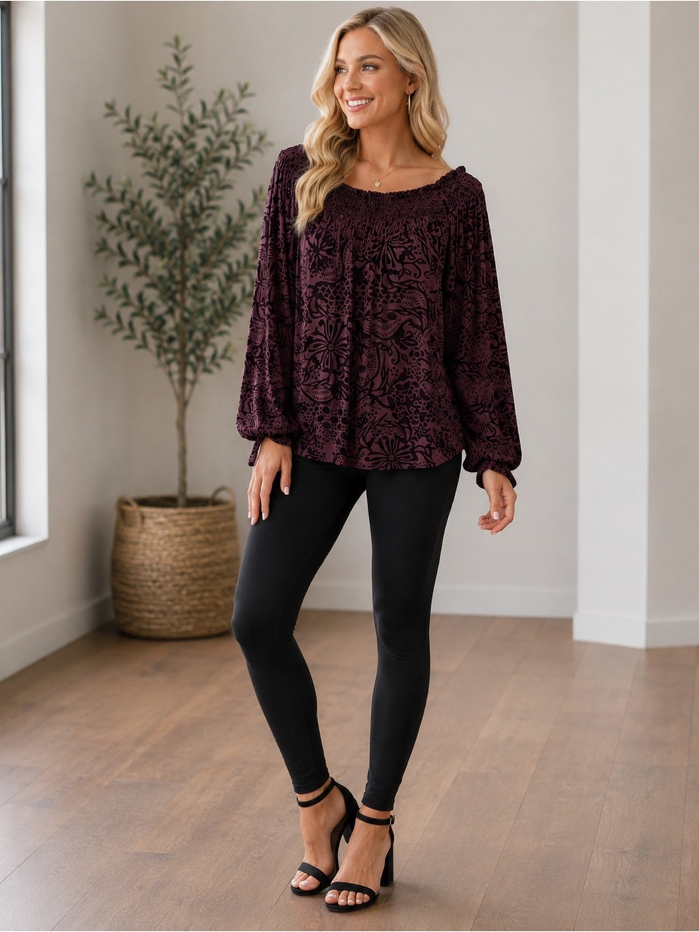 Free People Boho Smocked Blouse Burgundy Floral Velvet Peasant Top Large
